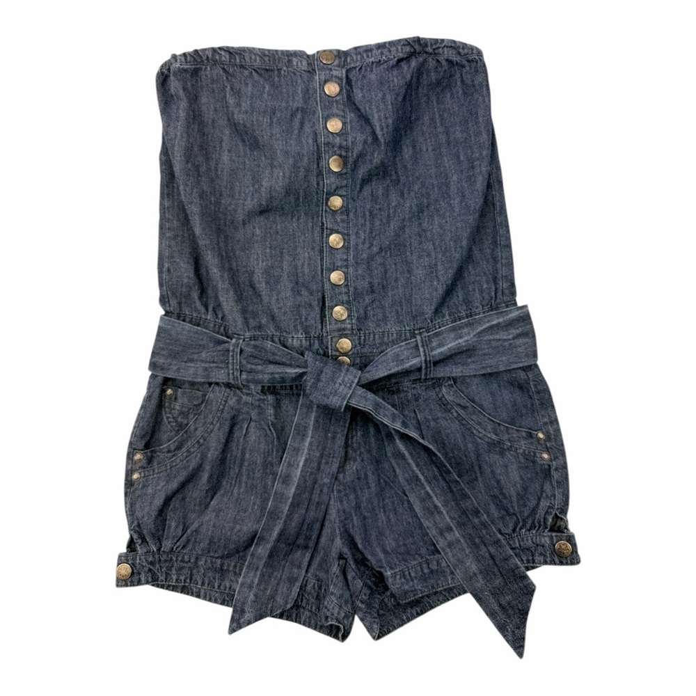 Y2K Charlotte Russe Denim Romper Strapless Button Front Belted Short One Piece M